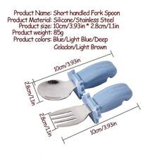 2pcs/Set Baby Stainless Steel & Silicone Spoon And Fork Set, Toddler Feeding Training Utensils - Multicolor - View 3