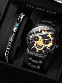 Bộ 2 đồng hồ nam thời trang công sở, dây thép đen, máy quartz, kèm vòng tay đính đá, bộ quà tặng tinh tế, phù hợp cho các lễ hội, tiệc tùng, công sở và đeo hàng ngày. - màu đen - Xem 5
