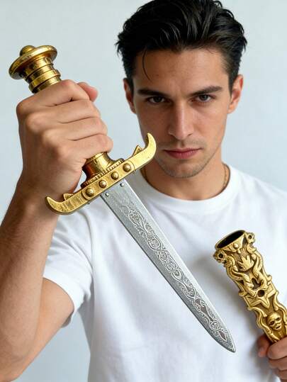 Rare Theme Carved Short Sword: Dark Silver Color Pattern/Gold-Plated Relief/Colorful Charming Multi-Color Portable Ceremonial Accessory