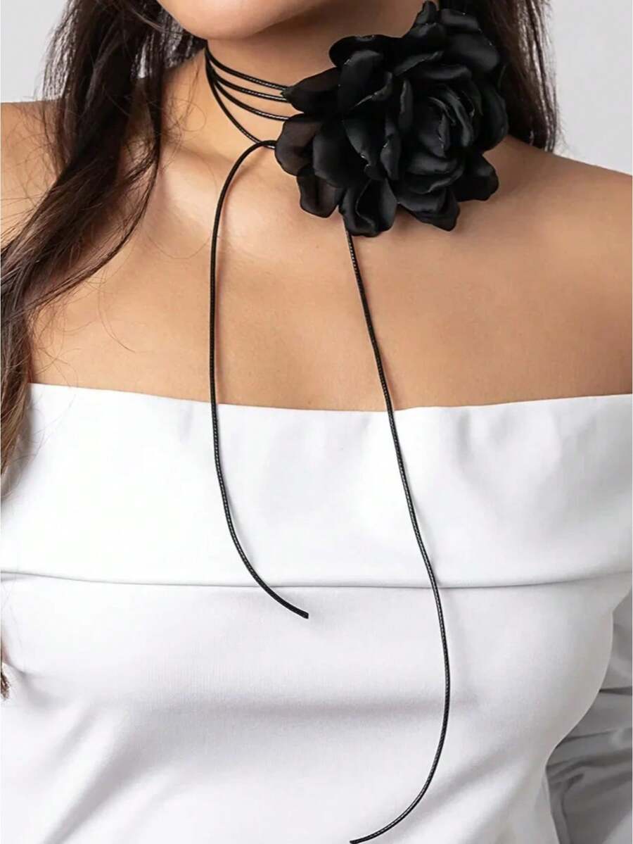 夸张浪漫大玫瑰花锁骨链项链 女款韩流可调节蝴蝶结绳颈链饰品 Y2K配饰 - A - 查看 1