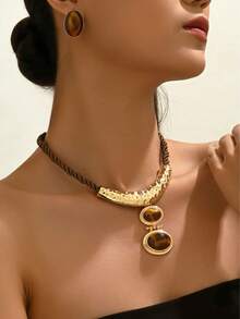 2pcs Elegant Vintage Tiger Eye Stone Textured Necklace & Earrings Jewelry Set For Women, Party, Celebration, Holiday Gift - Set - View 2