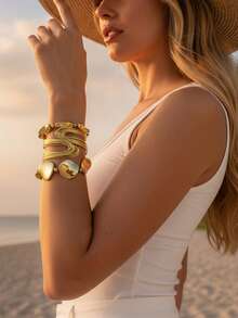 imoli 3pcs Fashionable Exaggerated Asymmetrical CCB Geometric Wire Hoop Beaded Chunky Jewelry Bracelet & Cuff Set - Multicolor - View 2