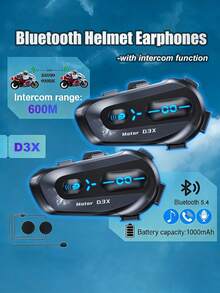 2pcs D3X Motorcycle Bluetooth Helmet Intercom, 1000mAh Large Capacity Battery, Auto Answer Calls, 600m Intercom Range, Charger Not Included - D3X - View 2