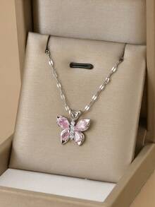 1 chiếc dây chuyền hình bướm bằng thép không gỉ đính đá Cubic Zirconia màu hồng thời trang dành cho nữ, trang sức bạc, dây chuyền bạc, mùa hè, kỳ nghỉ biển, ngày Valentine, quà sinh nhật, trang sức phương Tây cho quý cô. - Nhiều màu - Xem 4