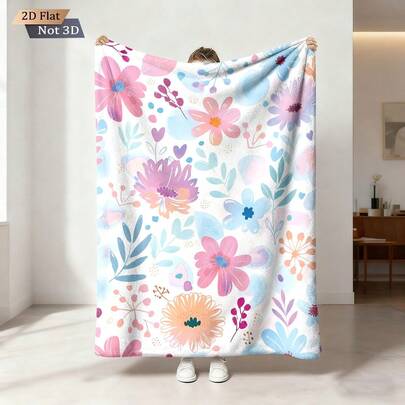 1pc Watercolor Floral Print Soft Flannel Blanket, Cozy Throw Blanket For Sofa, Bedroom, Study, Dorm, Office Bed, Camping, Versatile Gift, Suitable For All Seasons, Great For Girls, Boys, And Room Decor