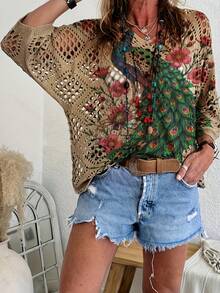 Floral Pattern Batwing Sleeve Pointelle Knit Top - Khaki - View 1