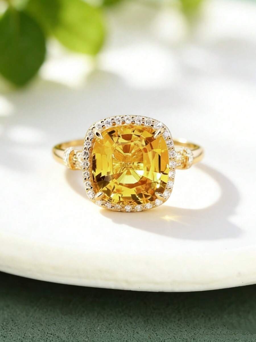 1枚优雅黄色方形立方氧化锆戒指，奢华设计，完美的情人节和周年纪念礼物（不含包装盒） - 戒指 - 查看 1