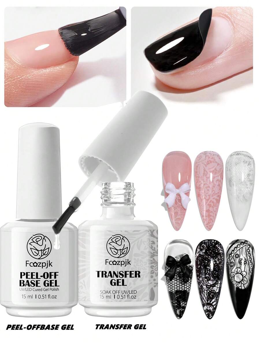 可卸底胶和封层凝胶美甲贴纸套装，凝胶指甲油封层和可卸底胶，易于卸除，油性贴纸美甲凝胶转印贴纸星形凝胶美甲DIY，需使用LED灯卸除，15毫升 - 無色 - 查看 1