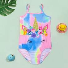 Young Girls' Gradient Tie-Dye Unicorn Print One-Piece Swimsuit, Featuring Cute Unicorn Design With Gold Glitter Horn & Ears, Colorful Floral Decor, And Playful Eyelash Expression. Designed With Spaghetti Straps, Contrast Trim, And Rainbow Gradient Leg Accents, Suitable For Beach Vacation And Pool Activities. - Pink - View 1