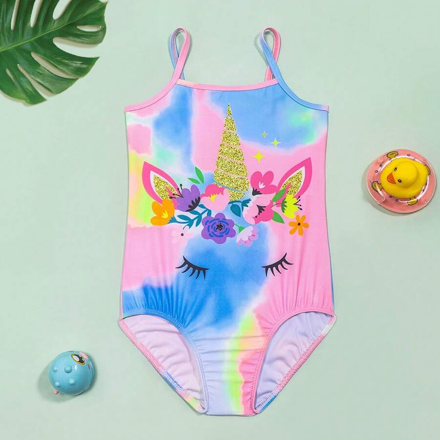 Young Girls' Gradient Tie-Dye Unicorn Print One-Piece Swimsuit, Featuring Cute Unicorn Design With Gold Glitter Horn & Ears, Colorful Floral Decor, And Playful Eyelash Expression. Designed With Spaghetti Straps, Contrast Trim, And Rainbow Gradient Leg Accents, Suitable For Beach Vacation And Pool Activities. - Pink - View 1