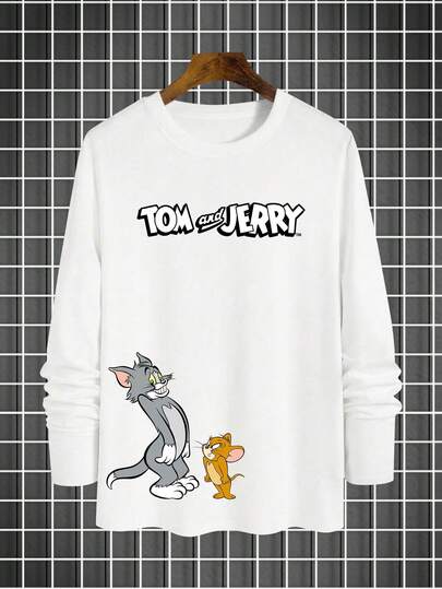 Strevion OBM Men X TOM & JERRY Camiseta de manga larga con estampado de elementos de Tom y Jerry, casual y versátil, adecuada para primavera y otoño