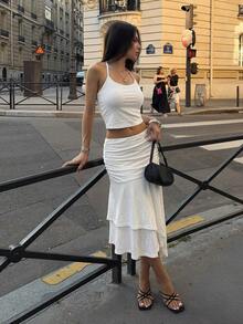 2026 HoloChill 女士休闲纯色吊带背心和百褶修身半裙两件套，夏季休闲装，弹力面料，适合年轻时尚达人，适合派对、海滩、度假等场合。 - 白色 - 查看 5