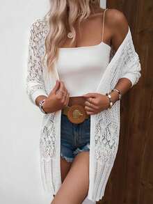 女士休闲度假长款镂空开襟长袖罩衫 - 白色 - 查看 5