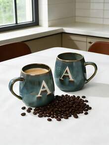 1pc Large Ceramic Letter Handle Coffee Mug, 600ml, Retro Ombre High-Quality Personalized Letter Mug, Handmade Ceramic Tea Cup, Suitable For Home, Office, Afternoon Tea, Gatherings And Cafes, Microwave , Reusable - Multicolor - View 1