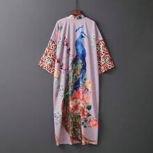 Oversized Retro Bohemian Peacock Print Long Kimono Cover Up, Loose Casual Belted Robe, Lightweight Summer Beach Cover Up, Swimsuit Wrap - Purple - View 11