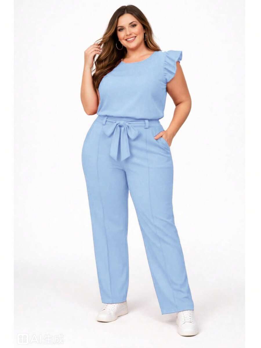 Elegant Plus Size Social Set In Dune Crepe, Casual Style With Drawstring Pockets, For Office Or Home. - Baby Blue - View 1