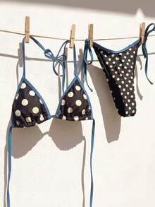 Swim Mod Bohemian Beach Vacation Bikini Two Pieces Set, Coffee & Beige Polka Dot With Contrast Tie Design Summer - Coffee Brown - View 5