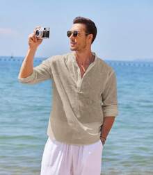 Men's Cotton Linen Long-Sleeved Shirt - 卡其色 - 查看 7