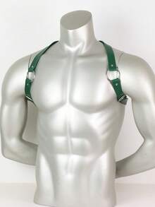 男士绿色PU皮革胸带 | 可调节O型环身体束带，适用于音乐节和夜店服装 - A - 查看 5