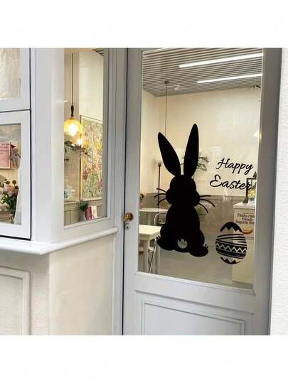 1pc Easter Black Silhouette Rabbit Sticker, Cartoon Egg Peel And Stick Wall Decal, Suitable For Easter And Holiday Decoration In Bedroom And Bathroom