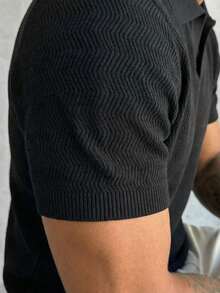 GRDR Men's Loose Thin Ribbed Polo Collar Short Sleeve Knit Sweater, Summer - Black - View 5