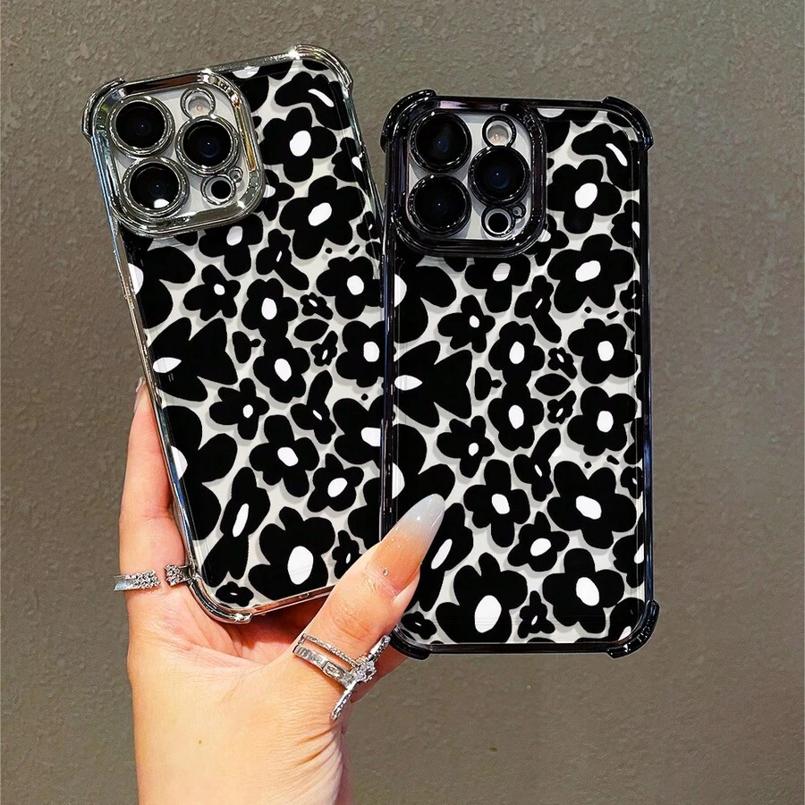 1 Stück, schwarzes Blumenmuster, einfaches, stilvolles, quadratisches Handyhülle für iPhone 11/12/13/14/15/17/Air/Pro/Plus/Pro Max und Galaxy S22/S223/S84/S25/Ultra/FE/EDGE. Geeignet als Geschenk für Freunde oder Valentinstagsgeschenke. - Verschiedenfarbig - Übersicht 1