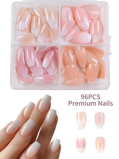 96 Pieces 4 Sets Of Coffin Nails Gradient Acrylic Manicure Set With Simple Glitter Design, Including 4 Pieces Of Jelly Glue And 4 Nail Files, Suitable For Hen Parties, Dance Parties, Daily Casual Wear. Detachable And Reusable Nail Decorations Nail Supplies