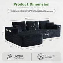 Sofas For Living Room, Bonelss Couch, 106" L-Shape Modular Sectional Sofa,New Cloud Sectional Couch With Deep Seat, Upholstered Boneless Couches For Living Room, No Assembly Required, Corduroy Fabric And Memory Foam Sectional Couches, Modern Modular L-Shape Sofa Couch With Chaise - Màu xám đen - Xem 3