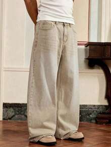 Men's Loose Fit Cotton Denim Jeans, Slant Pocket Design, Relaxed Fit, Long Washed Skateboard Jeans, Workwear Style, Solid Light Blue, Streetwear, Y2K Style - Khaki - View 3