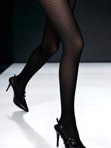 Plus Size Black Plaid Pantyhose - High Elasticity Versatile Classic Printed Tights Suitable For Office, Party And Daily Wear - Black - View 2