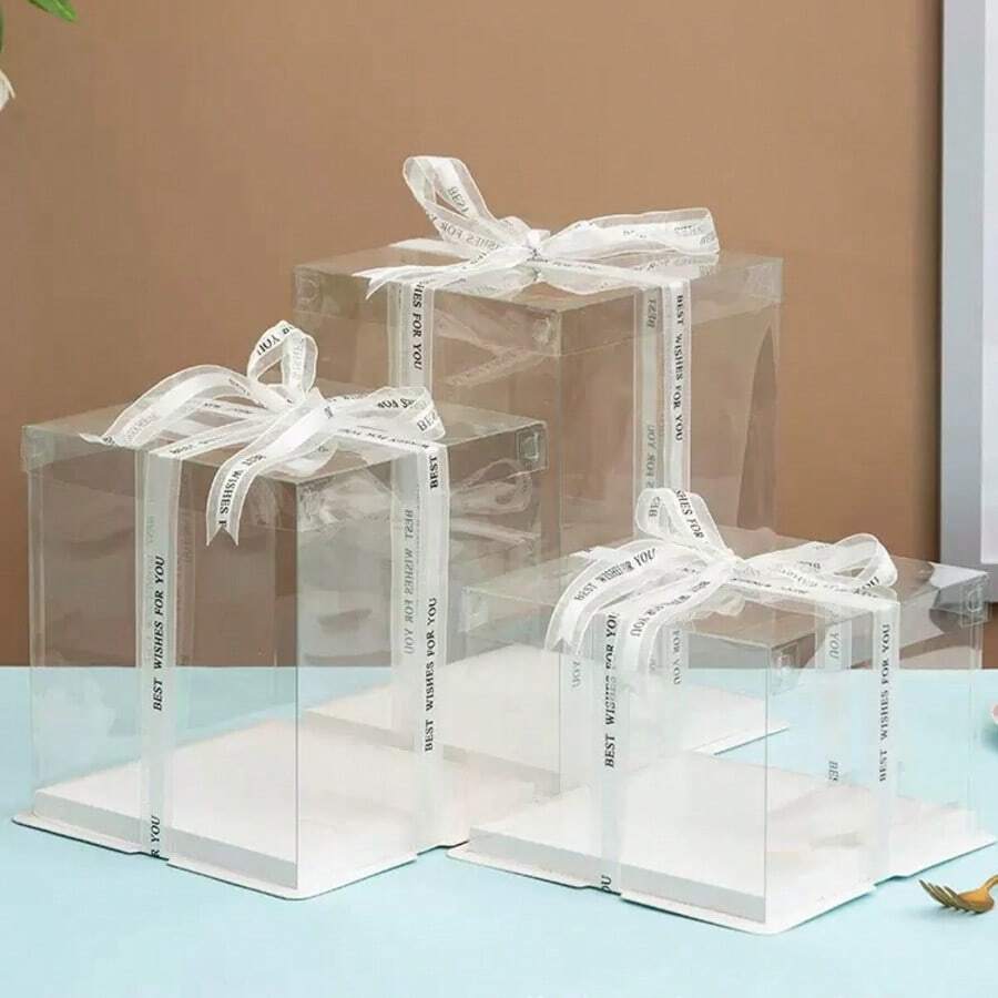 High-Grade INS-Style Transparent Cake Box Set | Thick White Card Base Baking Gift Boxes | Multi-Size Decorative Boxes For Birthday, Festival Gifts & Flower Packaging