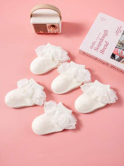 1/5 Pairs Girls Socks, Cute Princess Style Beige Casual Ruffle Edge, Soft & Comfortable, Fashion Floral Trim Socks, Suitable For Daily Wear, Holidays, Parties, Back To School