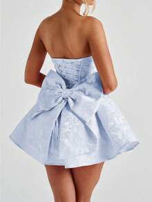 Đầm ngắn màu hồng cúp ngực quyến rũ, thanh lịch, dễ thương, gợi cảm với nơ thắt cổ, thích hợp cho ngày Valentine, dự tiệc. - Màu xanh lam - Xem 4