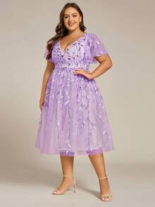 Đầm midi màu tím tay ngắn, cổ chữ V, họa tiết hoa, đính sequin, thanh lịch, thích hợp cho tiệc cưới, kỳ nghỉ hoặc các dịp lễ hội mùa xuân/hè. - Màu Lilac Tím - Xem 6