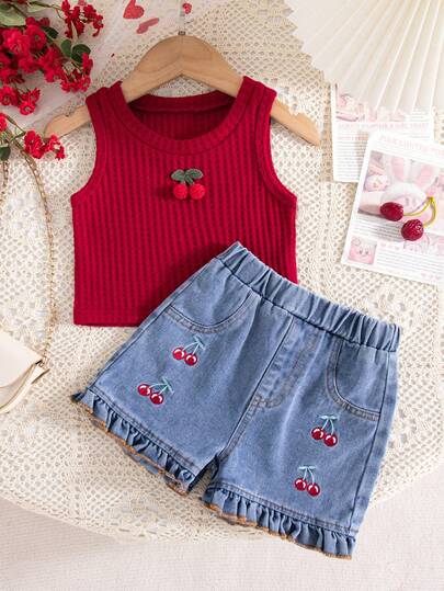 Baby Girls Waffle Solid Cherry Decor Sleeveless Crew Neck Top + Casual Embroidered Denim Pants