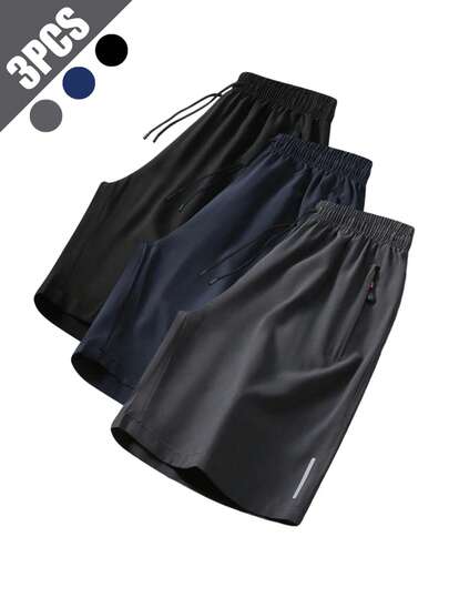 Bộ 3 quần short nam có dây rút điều chỉnh eo, túi khóa kéo bên hông, thích hợp cho tập thể dục, chạy bộ, mặc thường ngày, du lịch ngoài trời, màu đen, xanh navy, xám, quần short tập luyện in họa tiết thoáng khí, thoải mái.