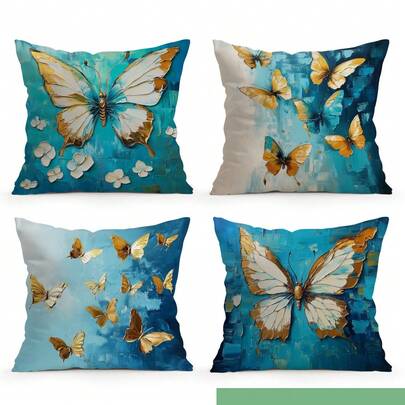 4pcs Blue Painting Butterfly Pattern Pillow Covers, Single-Sided Printed Pillow Covers, Suitable For Living Room Bedroom Home Decor, All Season - Pillow Inserts Not Included