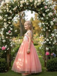 少女无袖露肩花卉贴花网纱腰部拼接长款时尚派对公主裙，适合婚礼、生日、晚宴等场合 - 粉色 - 查看 5