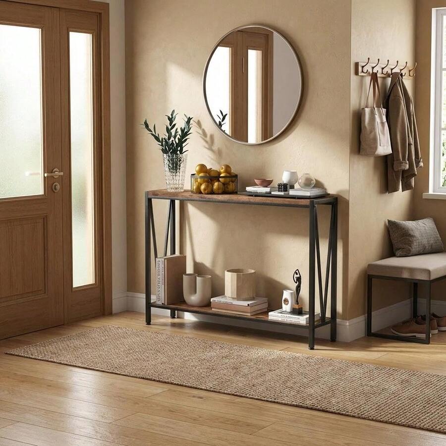 Mesa de Entrada Estrecha de 43 Pulgadas - Consola Industrial con 2 Niveles y Estantes, Marco de Metal en Diseño V | Ideal para Sofá, Pasillo o Sala, Color Marrón Rústico - Marrón - Ver 1