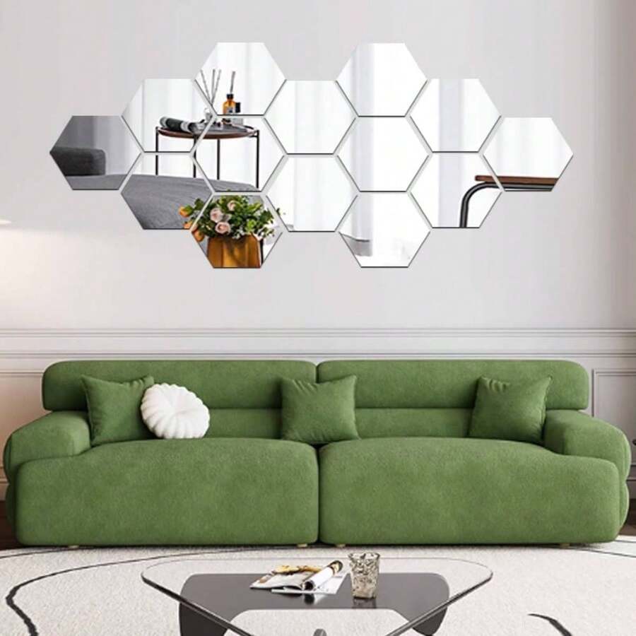Pegatinas de espejo para pared - 12 piezas de láminas acrílicas decorativas hexagonales para bricolaje, azulejos de plástico para el hogar, sala de estar, dormitorio, sofá, TV, fondo, calcomanía decorativa - 12 piezas - Ver 1