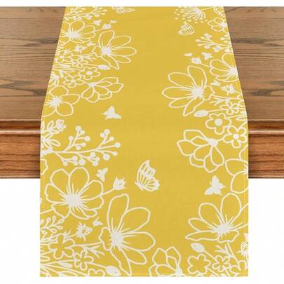 1pc Yellow Flower & Butterfly Spring Table Runner, Holiday Kitchen Dining Table Decor Suitable For Family Gatherings And Indoor Use