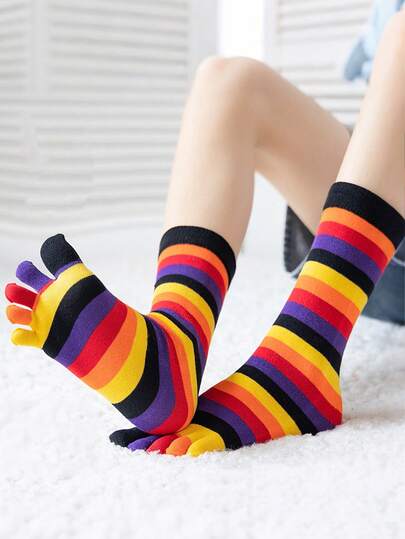 1 双女士彩虹条纹五趾袜，彩色条纹中筒袜，休闲百搭