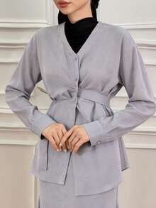 DAZY Conjunto de 2 piezas de blusa cruzada con cuello retorcido y falda recta, elegante para primavera y verano, adecuado para uso casual, trabajo, boda, commute, marrón, conjunto de mujer de negocios casuales para mujer - Morado - Ver 5