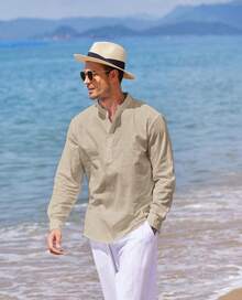 Men's Cotton Linen Long-Sleeved Shirt - 卡其色 - 查看 4