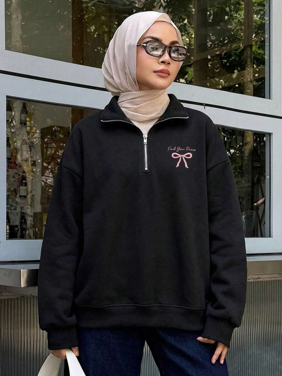 Livesso 女士蝴蝶印花半拉链休闲长袖运动衫、长袖上衣、秋季女装 - 黑色 - 查看 1