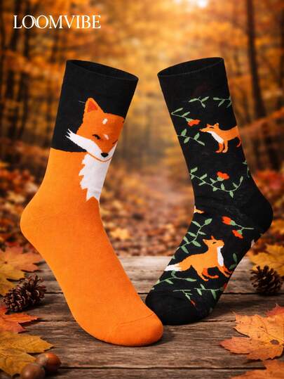 1 Pair Unisex AB Style Fox Themed Crew Socks: Half Fox Head/Forest Fox & Vine Elements | Moisture-Wicking, Odor-Resistant, Soft & Fashionable! Ideal For Fox And Nature Lovers (Suitable For Both Men And Women) - Perfect For Casual/Outdoor Activities