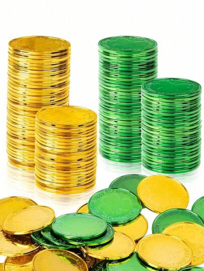 50pcs Gold & Green St. Patrick's Day Shamrock Coins,Saint Patty's Day 3-Leaf Luck Coins,Plastic Lucky Clover Coins For Party Decorations Party Table Decorations Supplies