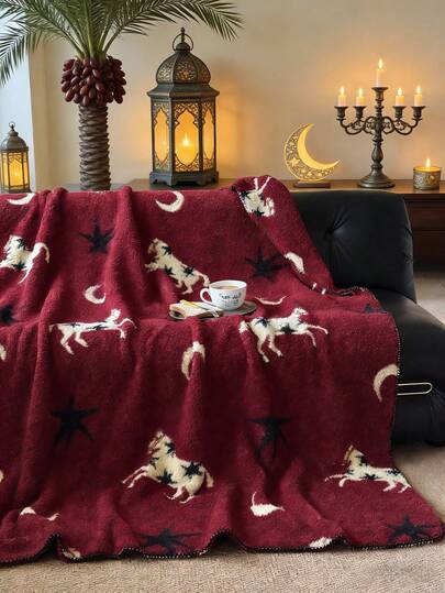 1pc Half-Fleece Blanket, Classic Burgundy Prayer Color Ramadan Blanket, Starry Night & Lively Horse Pattern, Super Soft & Thick Durable, Edged Design, Luxurious Knitted Throw Blanket, 500gsm Triangle Knitting Technique, Suitable For Bedroom, Living Room, Car, Office Nap, Family Gathering, Holiday Evening Prayer & Relaxation, Machine Washable & Fade Resistant