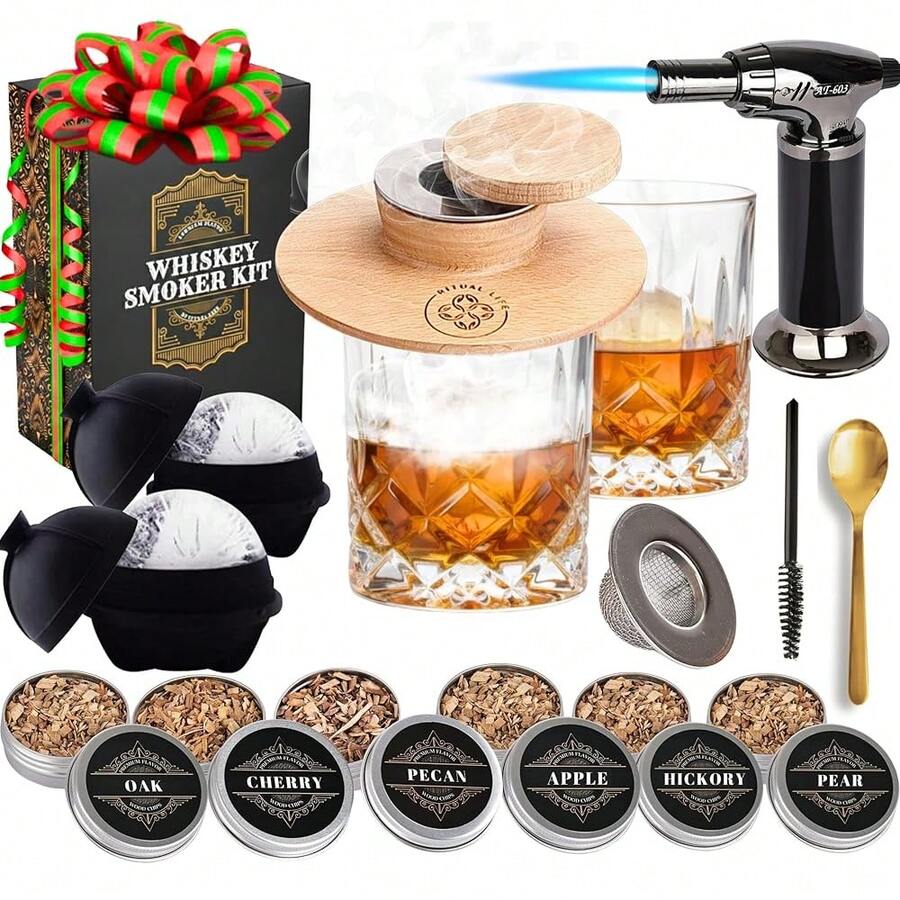 Whiskey R Kit - Cocktail R Kit With Torch, 2 Whiskey Glasses, 2 Ice Ball Makers, 6 Flavors Wood Chips - Old Fashioned Rs - Bourbon Drink SmoFKing Set - Whiskey Accessories Gifts For Men - SmokerKitwithGlasses - View 1