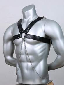 男士Y2K仿皮可调节胸带，前卫朋克金属戒指身体配饰，适合音乐节、演唱会、夜店等场合的穿搭点缀 - 黑色 - 查看 5